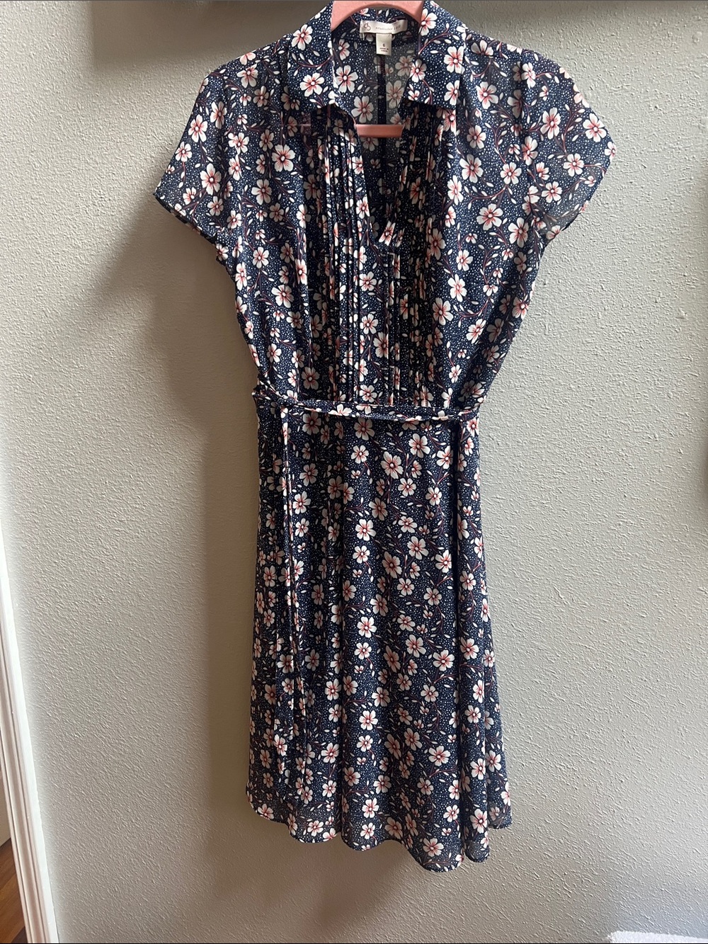 Navy Floral Button-Front Midi Dress with Self-Tie Waist